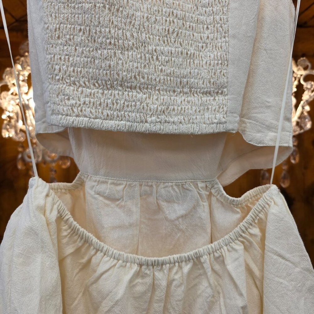 HEYSON Square Neck Crop Top | Cream Oatmeal Linen Look | Wide Strap Boho - Picture 9 of 12